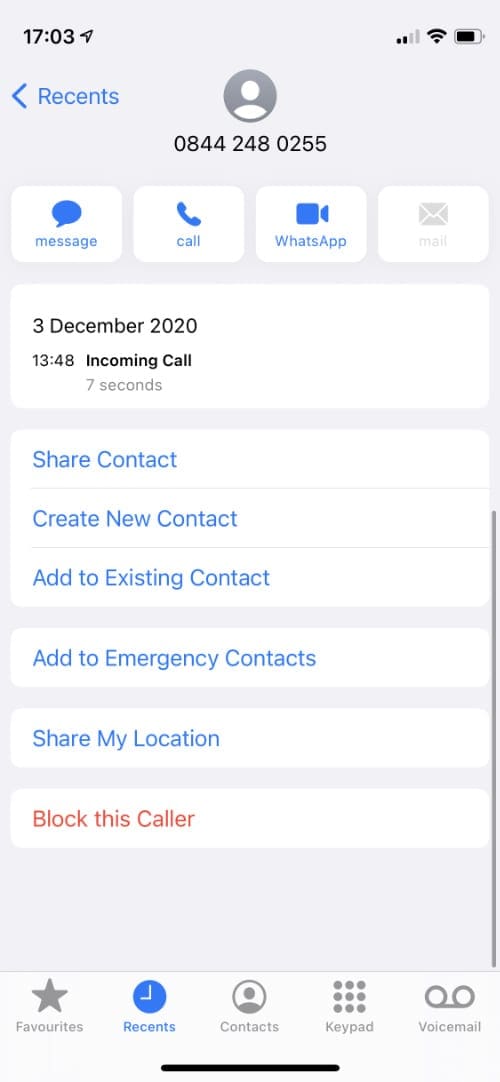 iPhone contact card with Block this Caller option