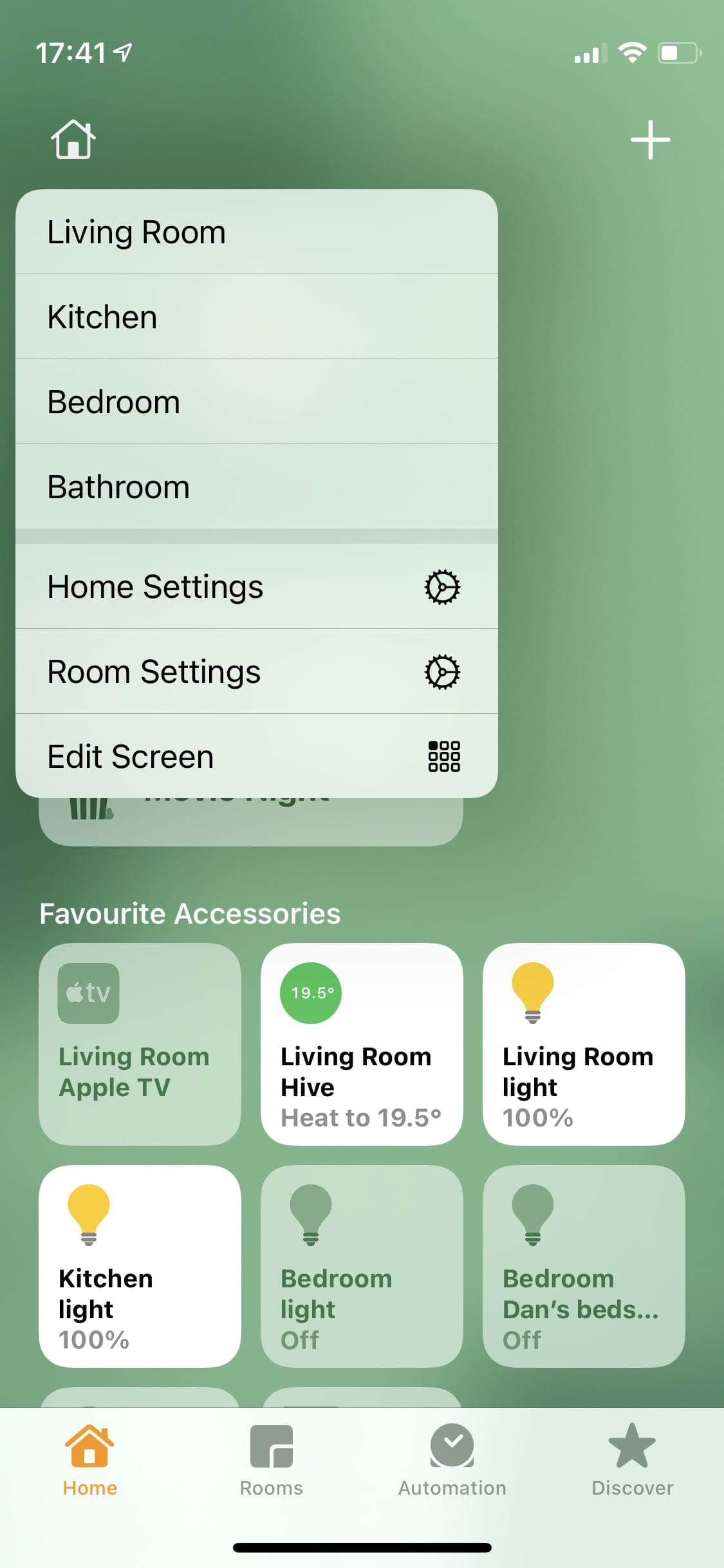 Home and Room settings option on iPhone