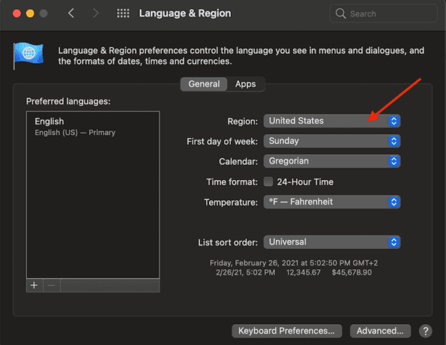 macOS Language and Region set region