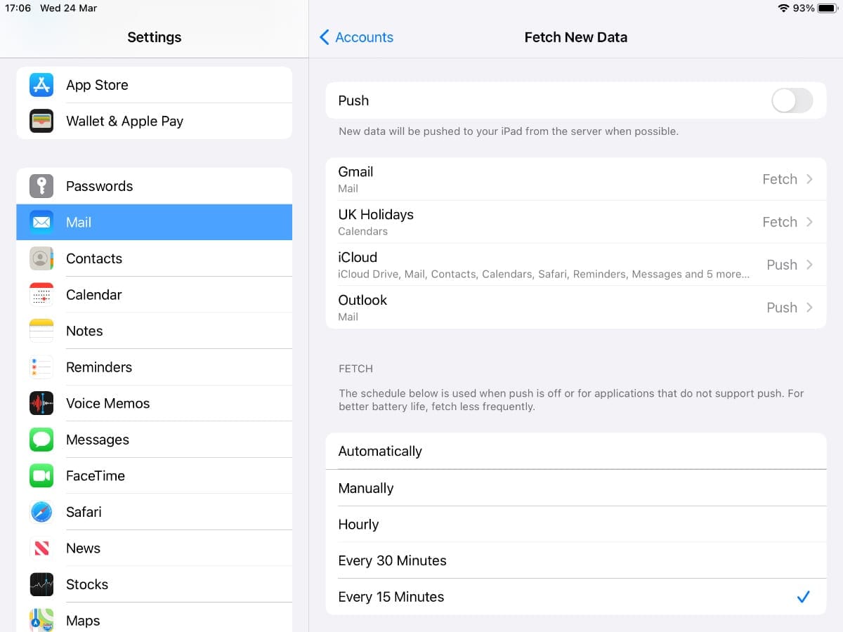 Email Fetch settings on iPad.