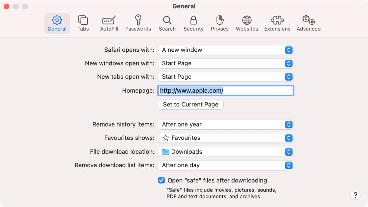 General Preferences in Safari on a Mac