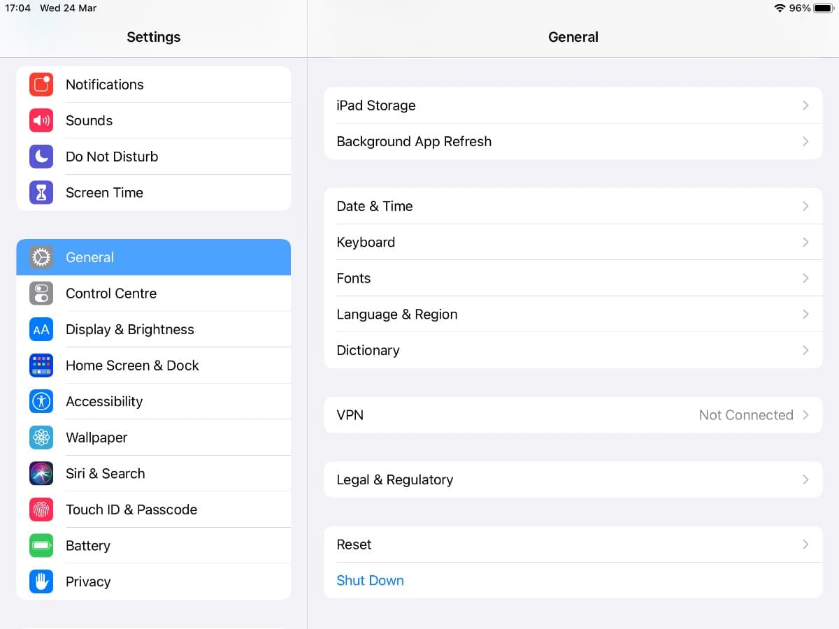 Shut Down option in iPad settings.