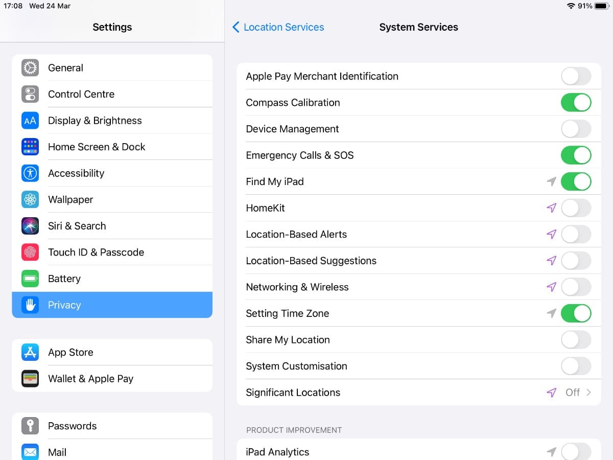 System Services Location Services in iPad settings.