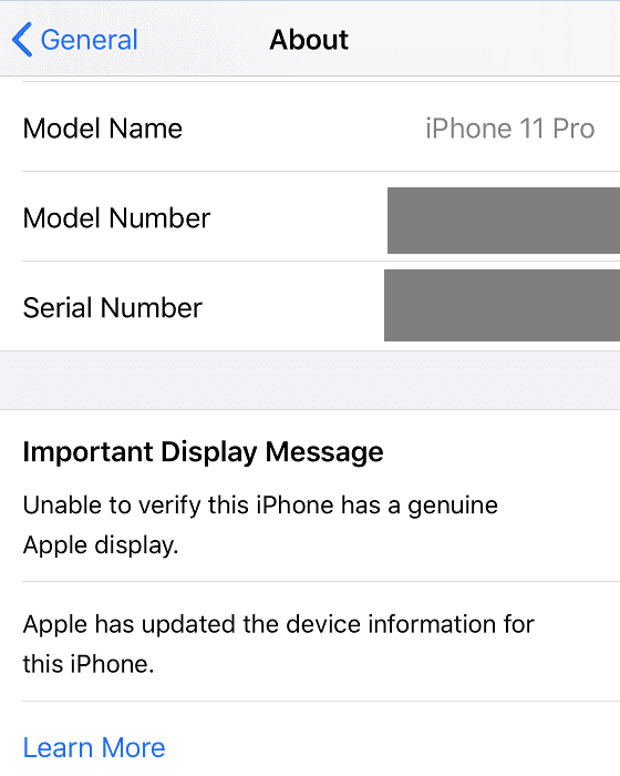Unable to verify this iPhone has a genuine Apple display
