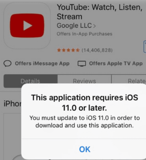 youtube requires iOS update