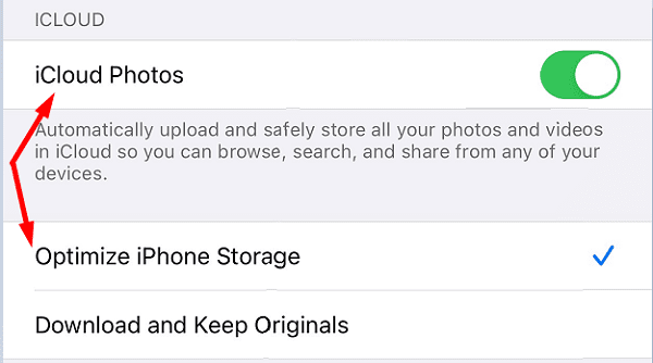 Optimize Storage iCloud Photos iphone