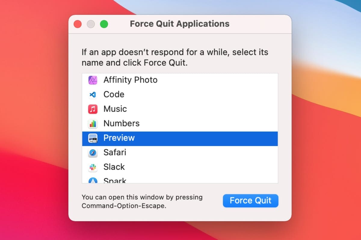 Preview in Force Quit window.