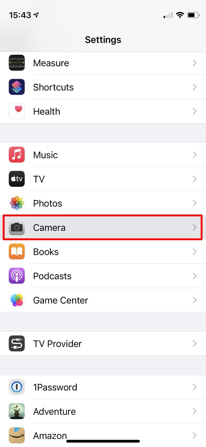 Camera settings option on iPhone