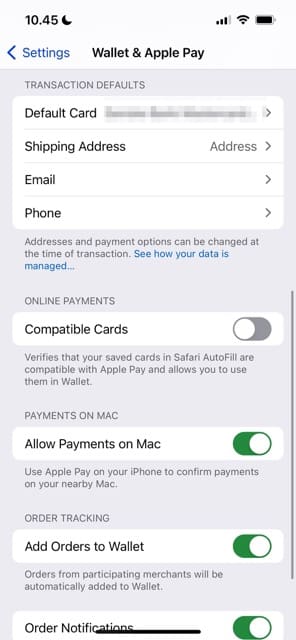Choose your default Apple Pay card