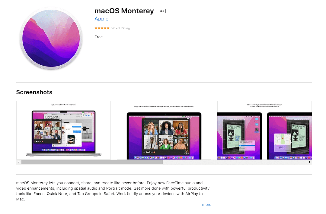 macOS Monterey won't install Mac App Store Listing