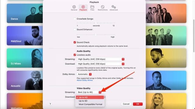 Screenshot showing how to change video download quality on Apple Music for Mac