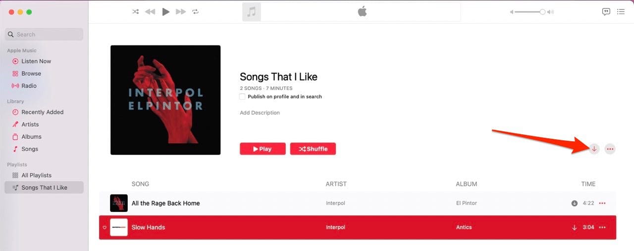 Screenshot showing the downward arrow button to download Apple Music playlist on Mac