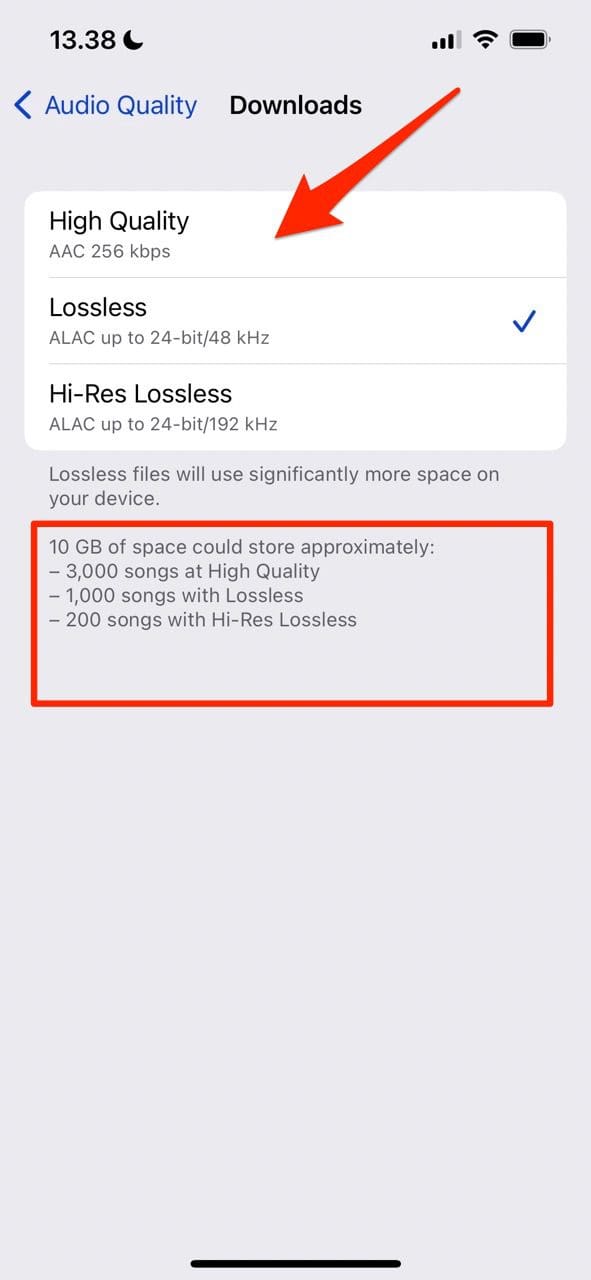 Screenshot showing how to change download quality on iOS for Apple Music