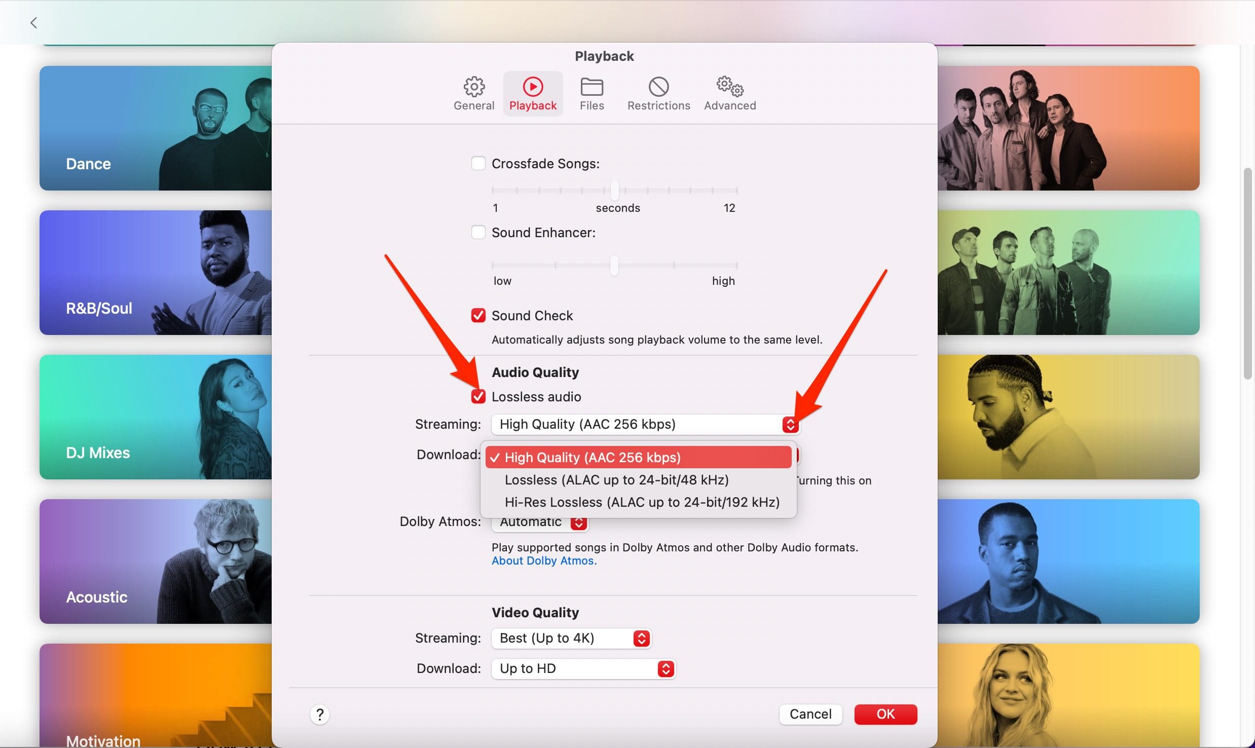 Screenshot showing how to change Apple Music download quality on Mac menu