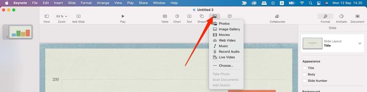 Screenshot showing how to add media to Keynote on Mac