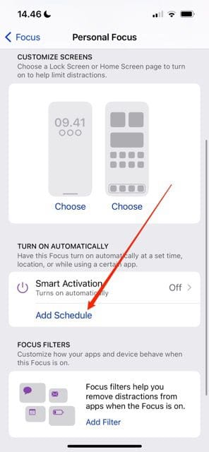 Screenshot showing how to add a schedule in iOS 16