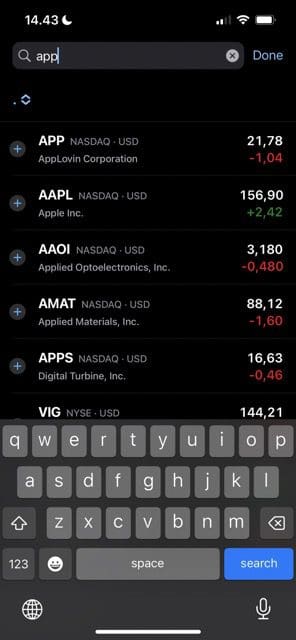 Screenshot showing the prompt to add a new stock on iOS
