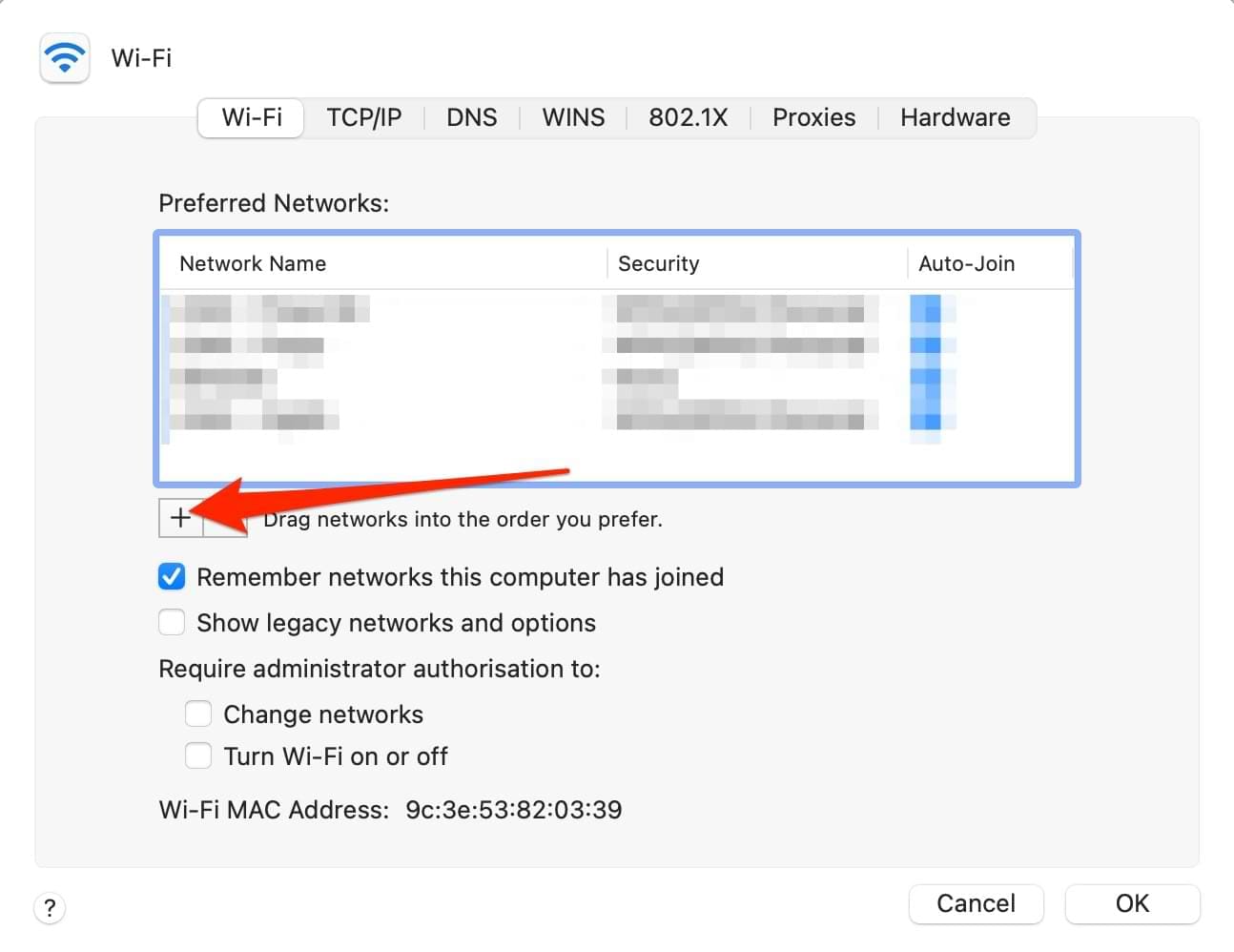 Screenshot showing how to add a Wi-Fi network on Mac