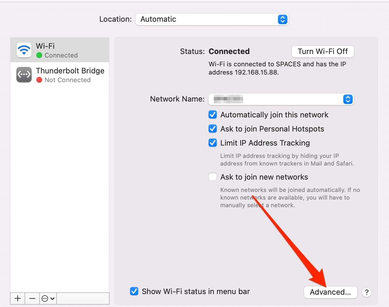 Screenshot showing the Advanced button in Mac Network icon