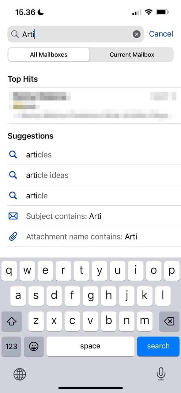 Screenshot showing the advanced mail search settings in iOS 16