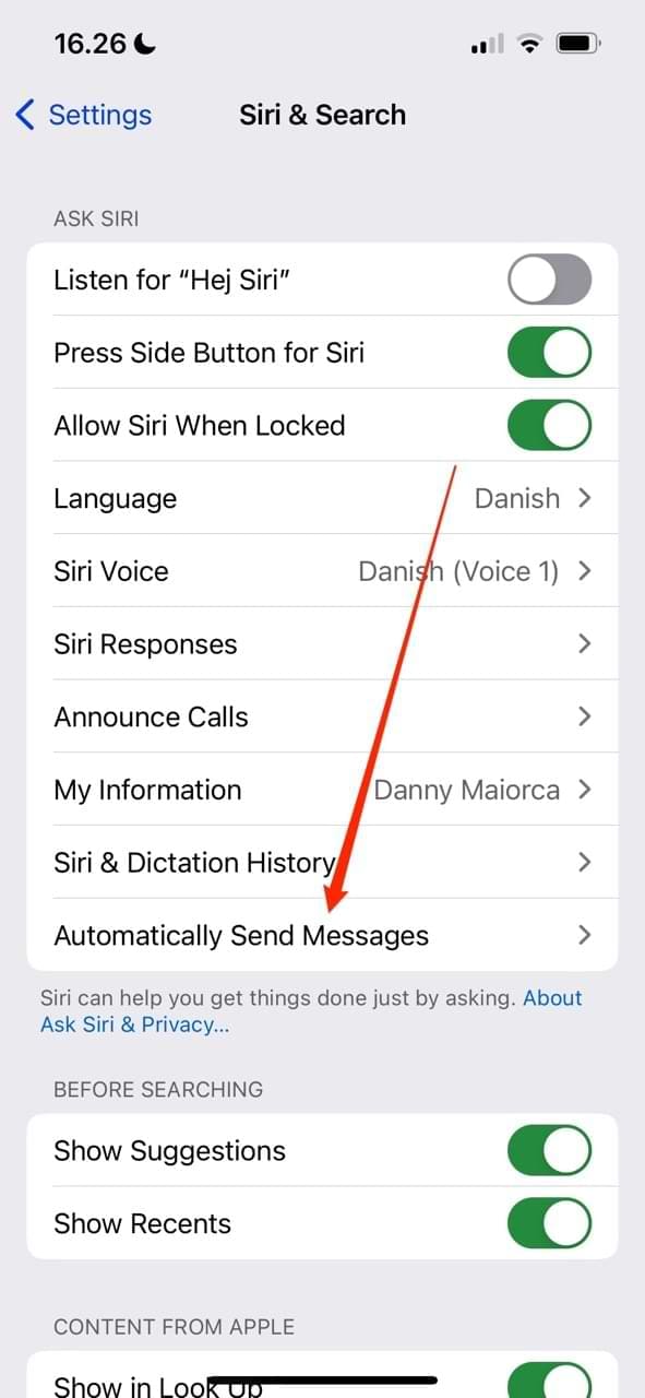Screenshot showing the Automatically Send Messages option in iOS 16