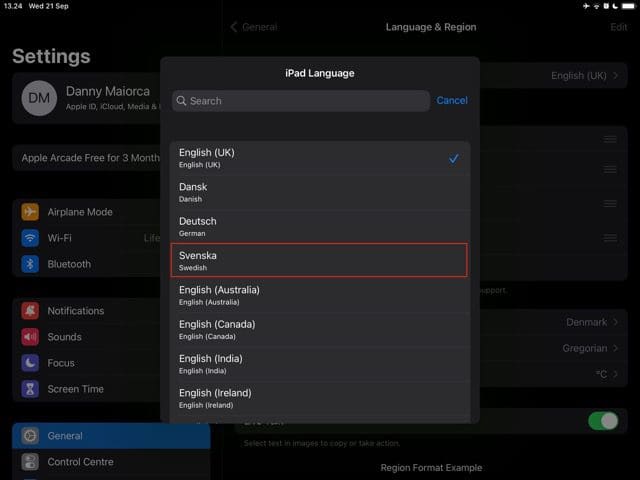 screenshot showing how to change the language via a box on ipad