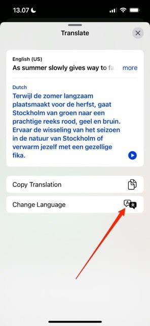 Screenshot showing how to change the translation on iOS