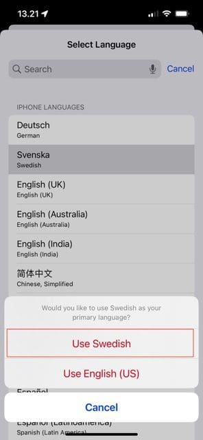Screenshot showing the option to change the language on iOS