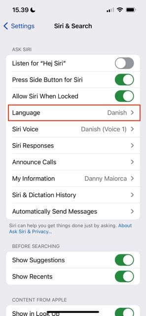 Screenshot showing the language tab for Siri on the Settings app