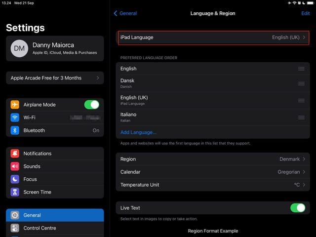 screenshot showing the tab to change language on ipad