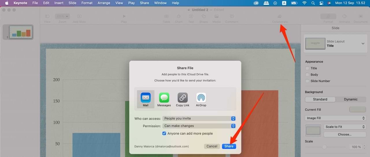 Screenshot showing collaboration options on Keynote app for Mac