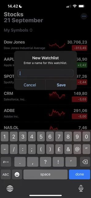 Screenshot showing how to name a new watchlist on iOS