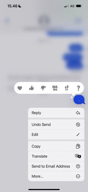 Screenshot showing the edit messages option in iOS 16