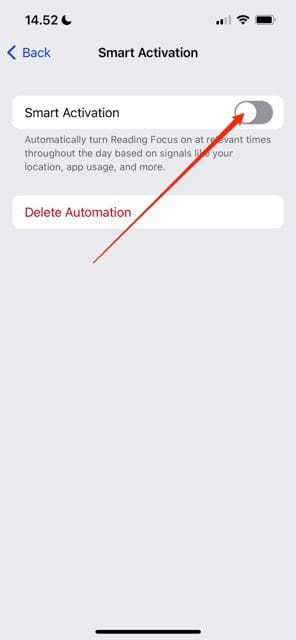 Screenshot showing the toggle button on Smart Actvation on iOS