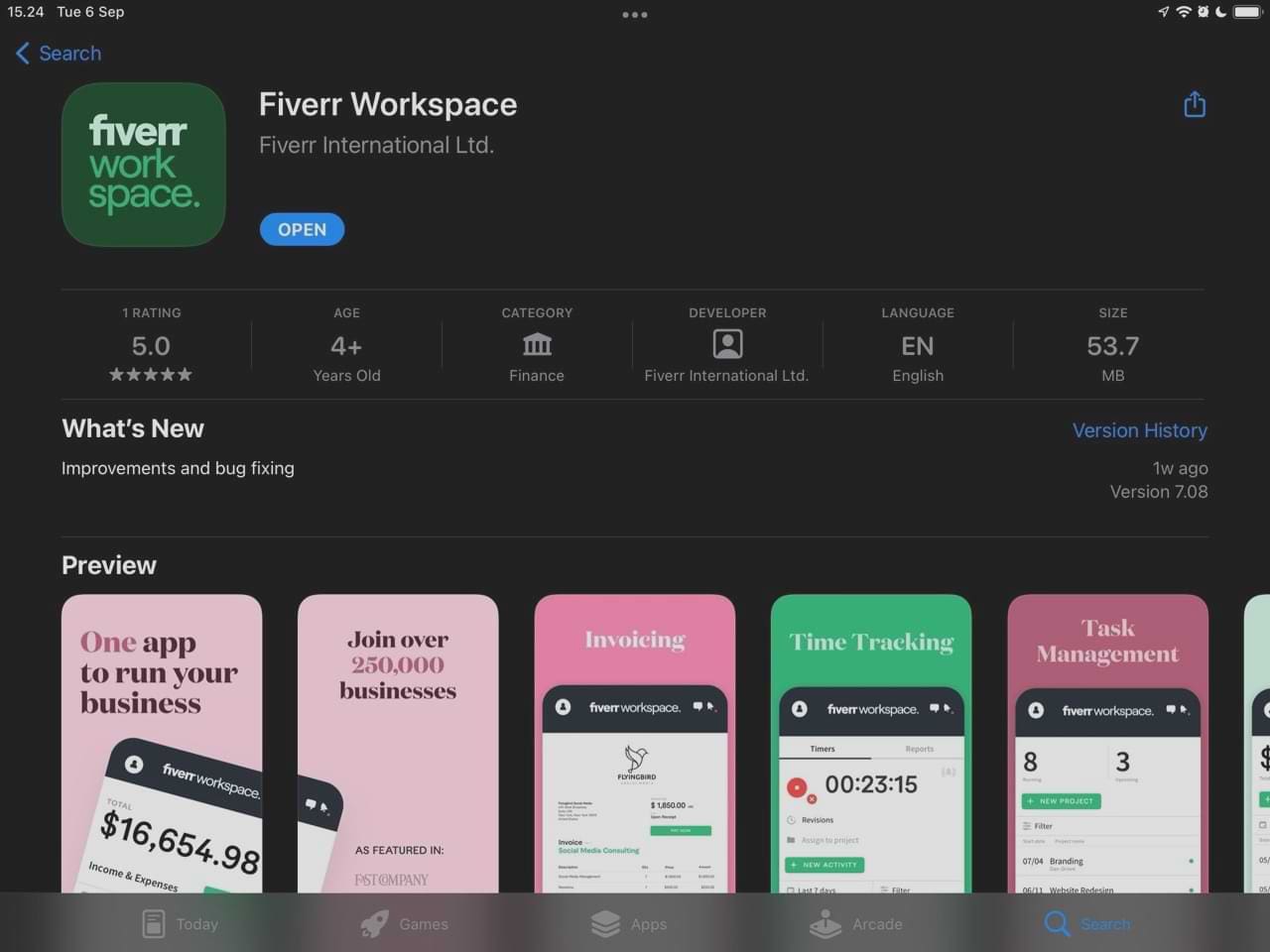 Screenshot of the Fiverr Workspace app on the App Store