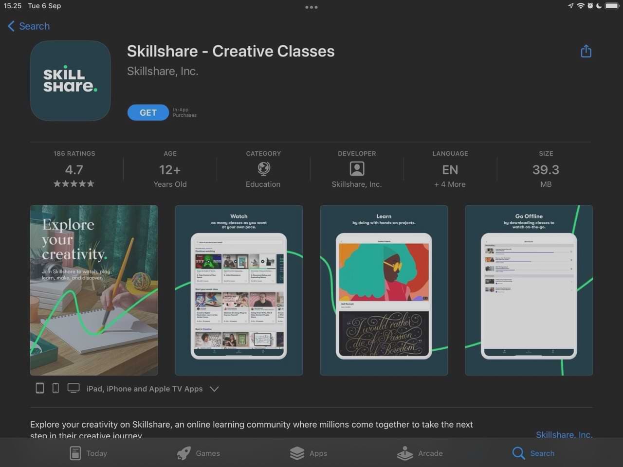Screenshot of the Skillshare iPad app on the App Store