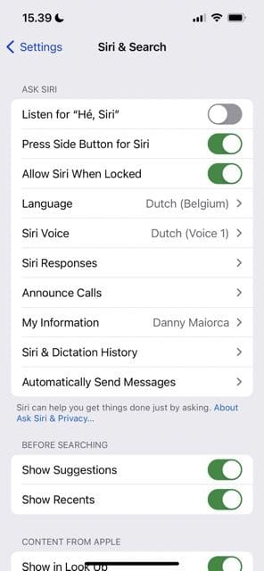 Screenshot showing a language that has now been changed on Siri