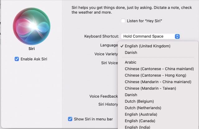 Screenshot showing language dropdown menu options for Siri on Mac