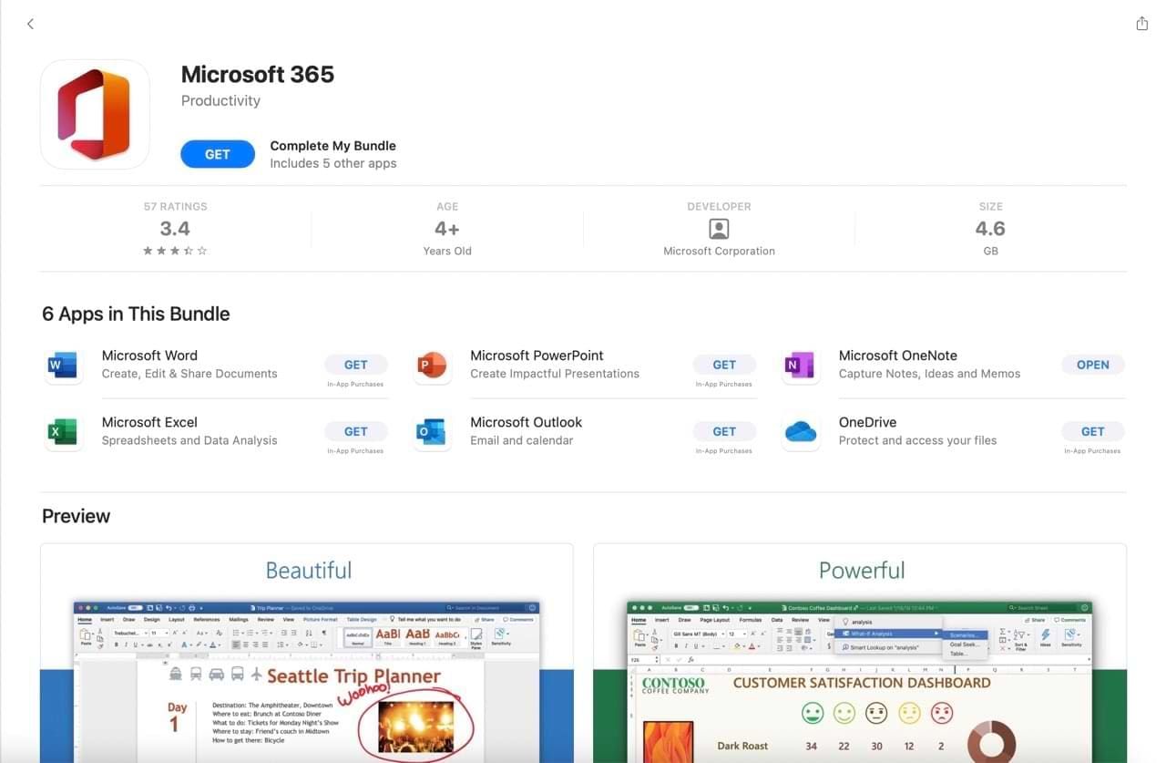 Screenshot of the App Store showing the Microsoft 365 apps available