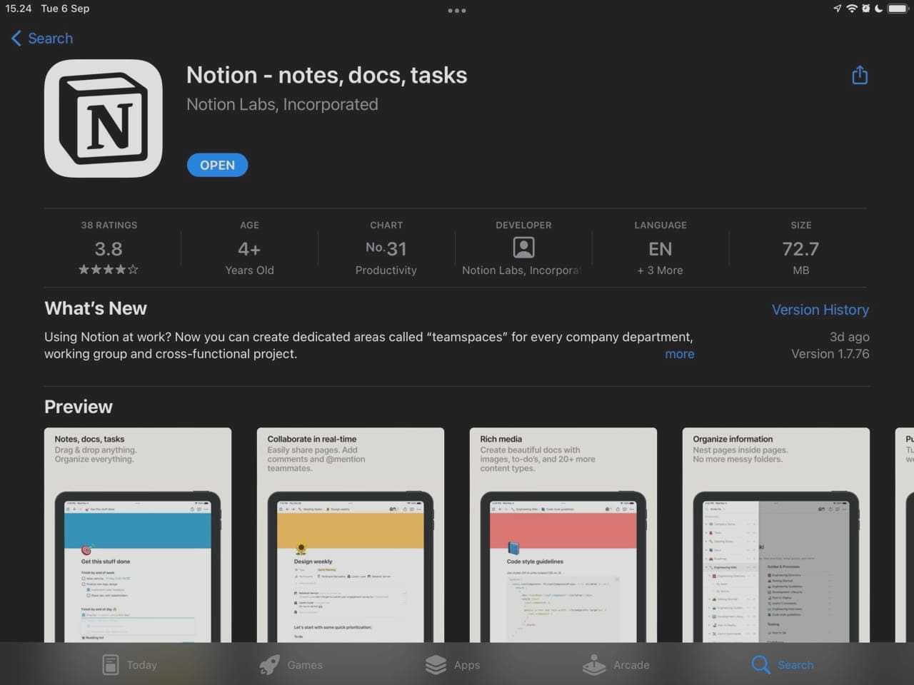 Screenshot of the Notion app on the iPad App Store