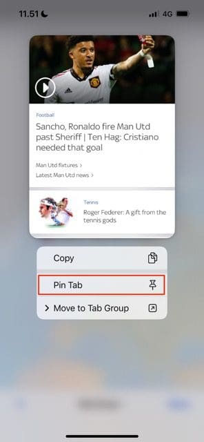Screenshot showing the CTA to pin a tab in Safari