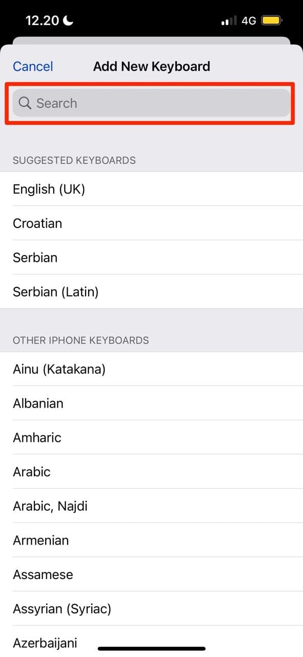 Screenshot showing language options for keyboard on iPhone