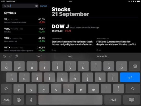 Screenshot showing the stocks app on iPad