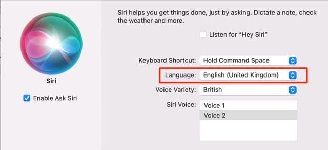 Screenshot showing Siri's language change tab on Mac