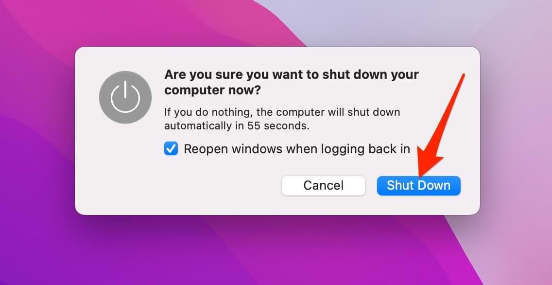 Screenshot showing prompt to shut down MacBook
