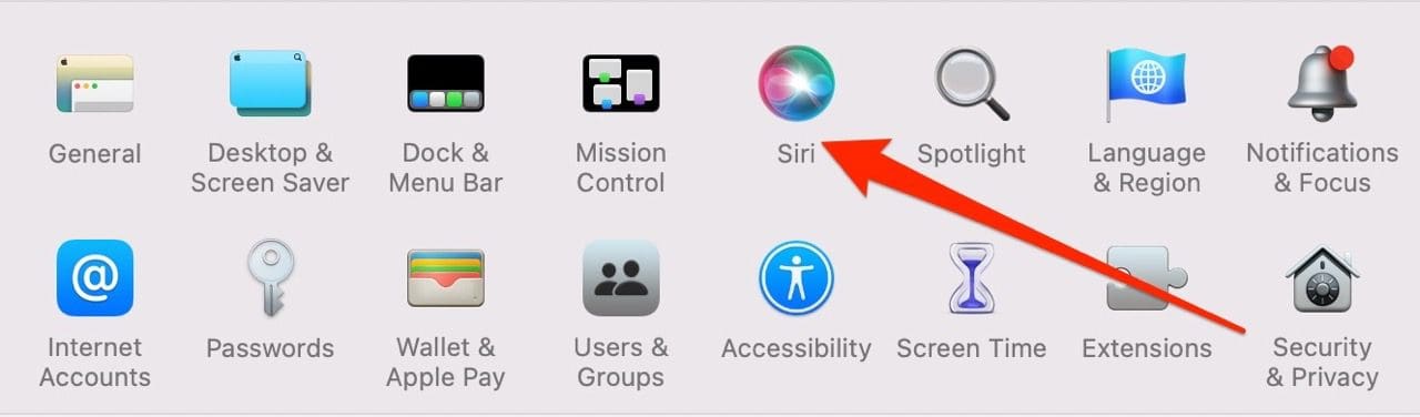 Screenshot showing the Siri icon in Mac under System Preferences