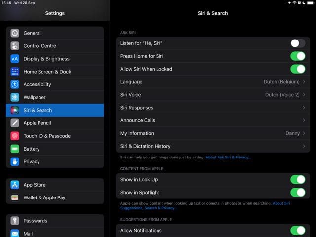 Screenshot showing the changed language for Siri on iPad