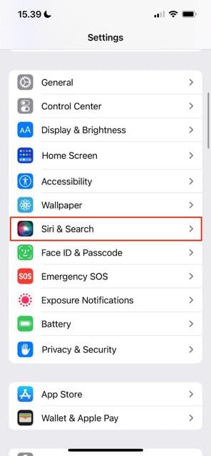 Screenshot showing the Siri and Search tab on iOS