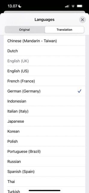 Screenshot showing list of languages in the Translation tab on Safari