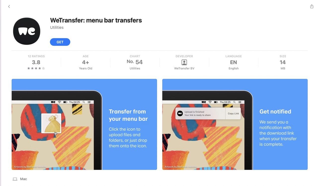 Screenshot showing the main page for WeTransfer on the App Store